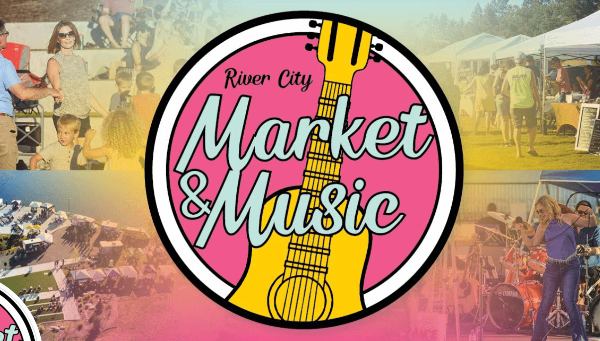 An illustration showing a pink logo with the words River City Market & Music over yellow guitar on top of a collage of images showing an overhead view of several tents, people dancing, people browsing various goods at a row of tents and a band performing on a stage.